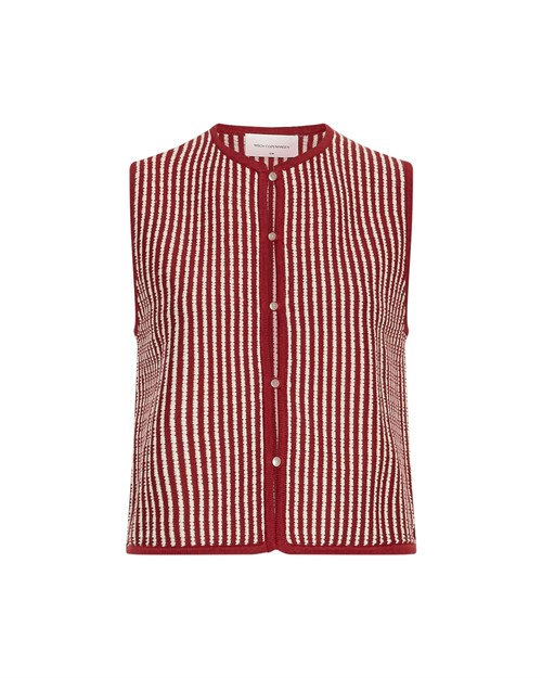 MSCH Priscilla Vest, Strik med Striber, Mørkerød/creme